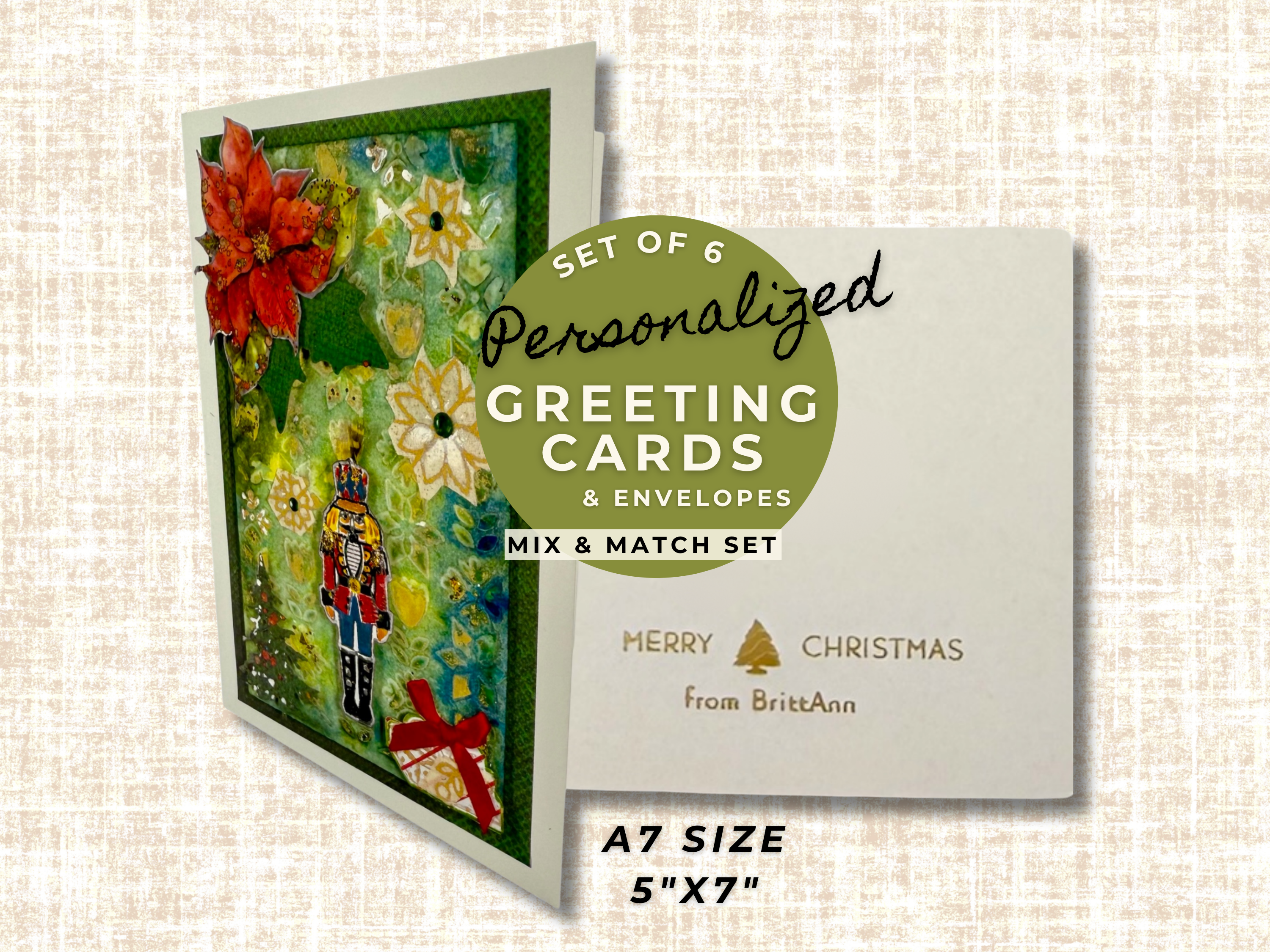 Personalized Greeting Card Set - Mix & Match 6 Foil Stamped Cards With Your Name or Phrase - Nutcracker, Muse, Emily Dickinson Collections - Custom Text - Blank Inside