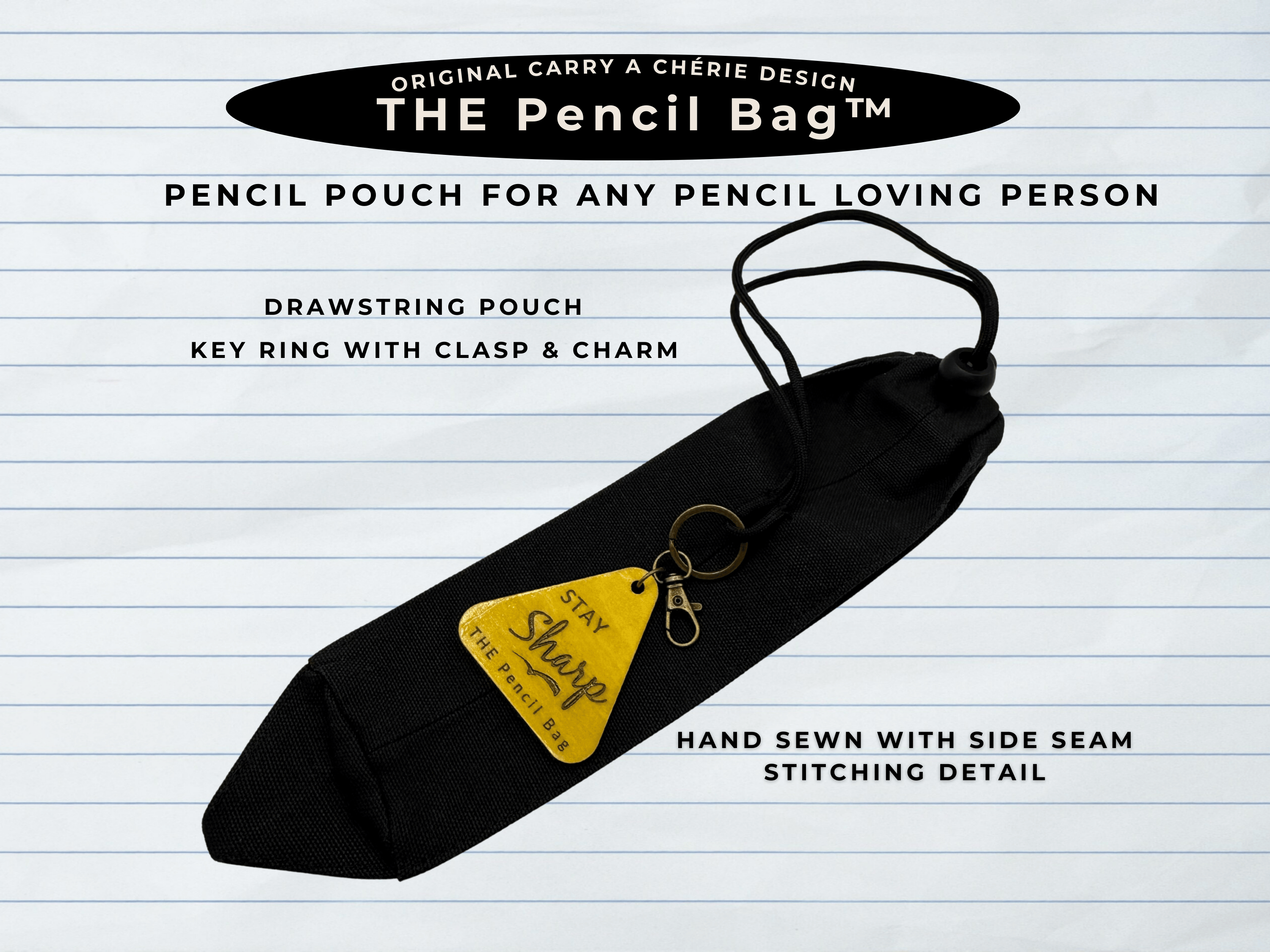 Black pencil pouch with yellow tag on a lined paper background