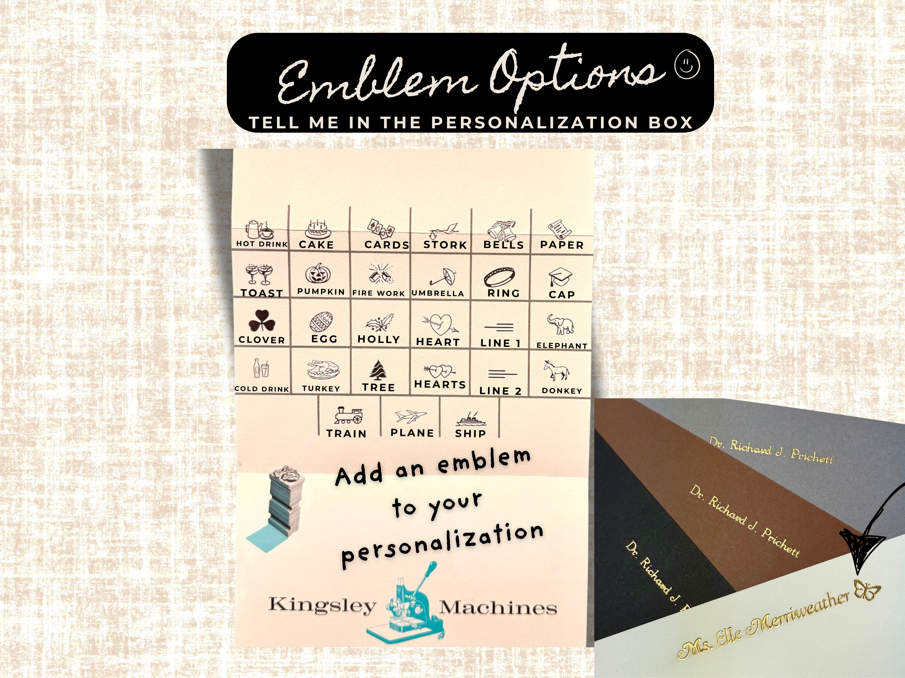 Custom emblem options for foil-stamped notecards – add a symbol to personalized name or phrase