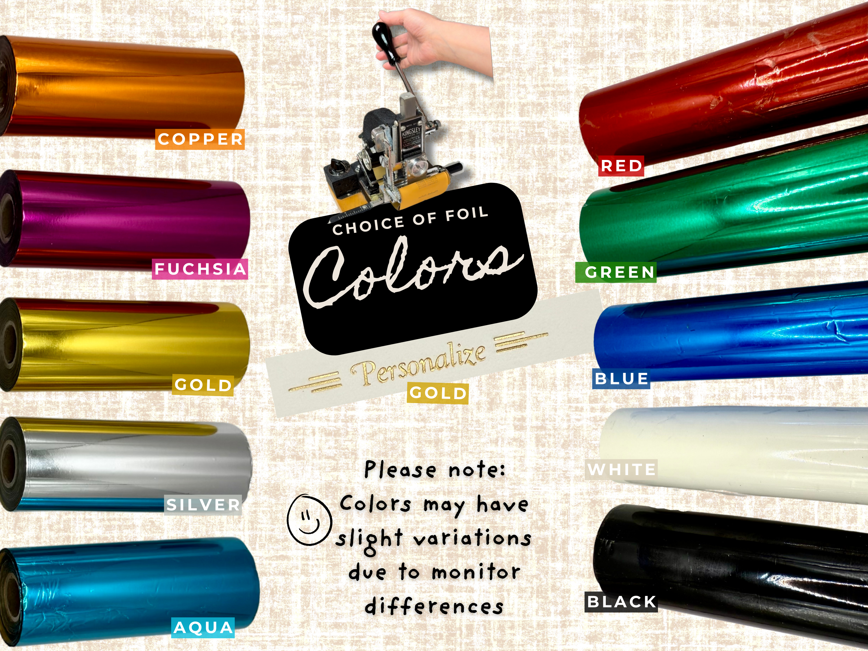 Foil color chart – 10 foil options for personalized stationery sets from StoryGiftStudio
