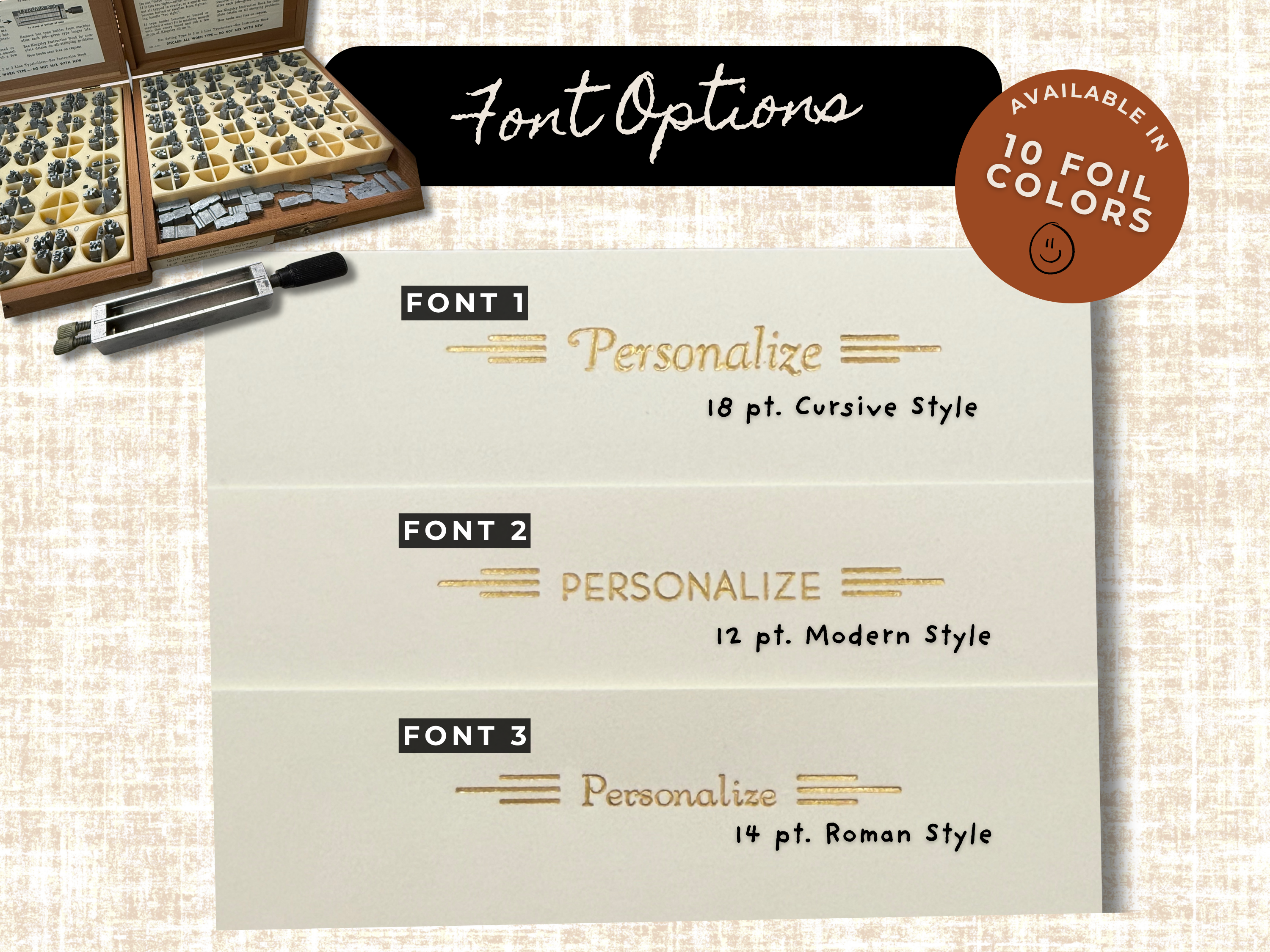 Font style options for personalized foil-stamped stationery – three font choices shown for custom A2 notecards