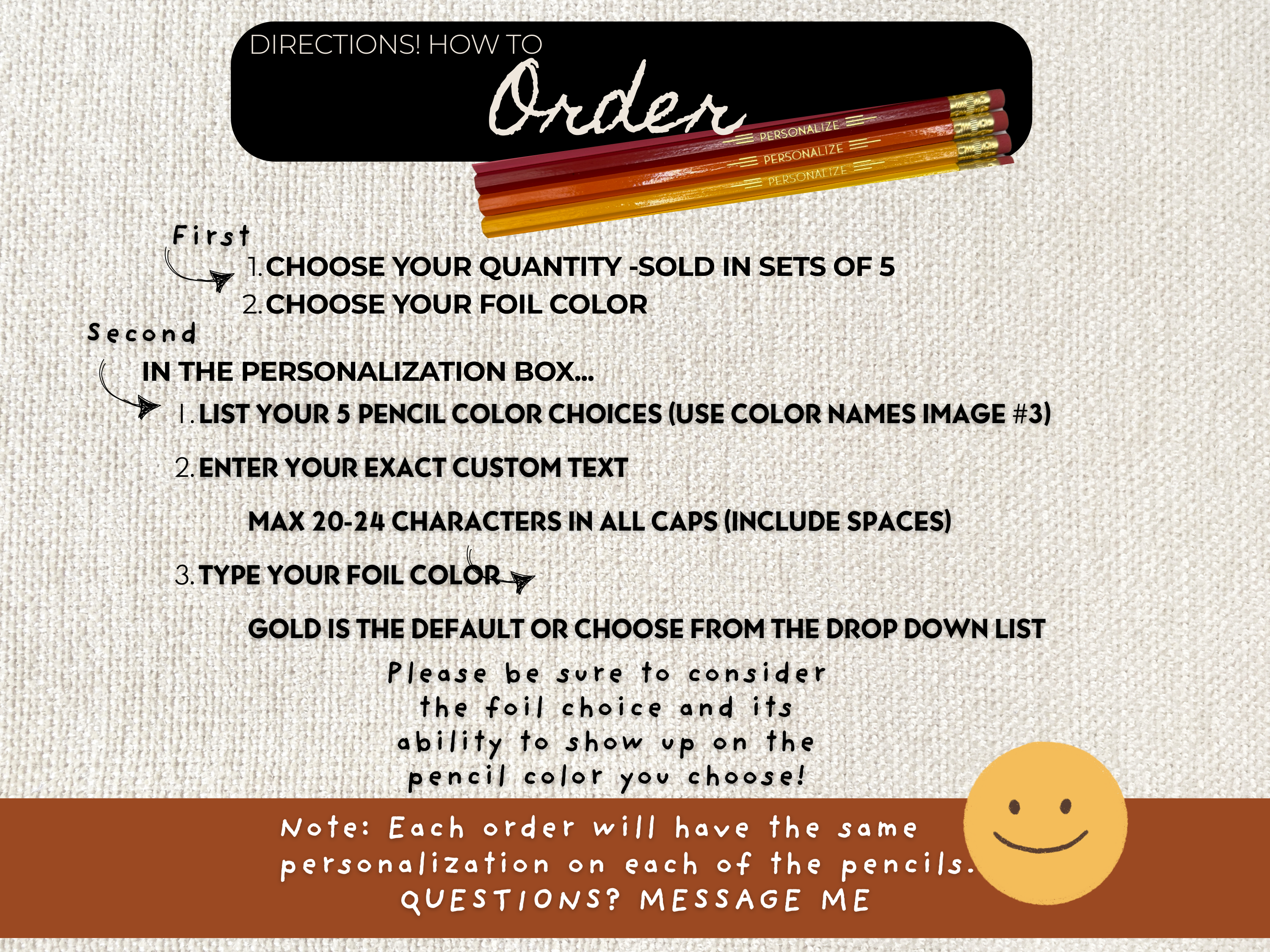 Custom Foil Stamped Pencils – Set of 5 Personalized Gift Pencils | Custom Name or Quote | Hand Pressed USA Made Pencils
