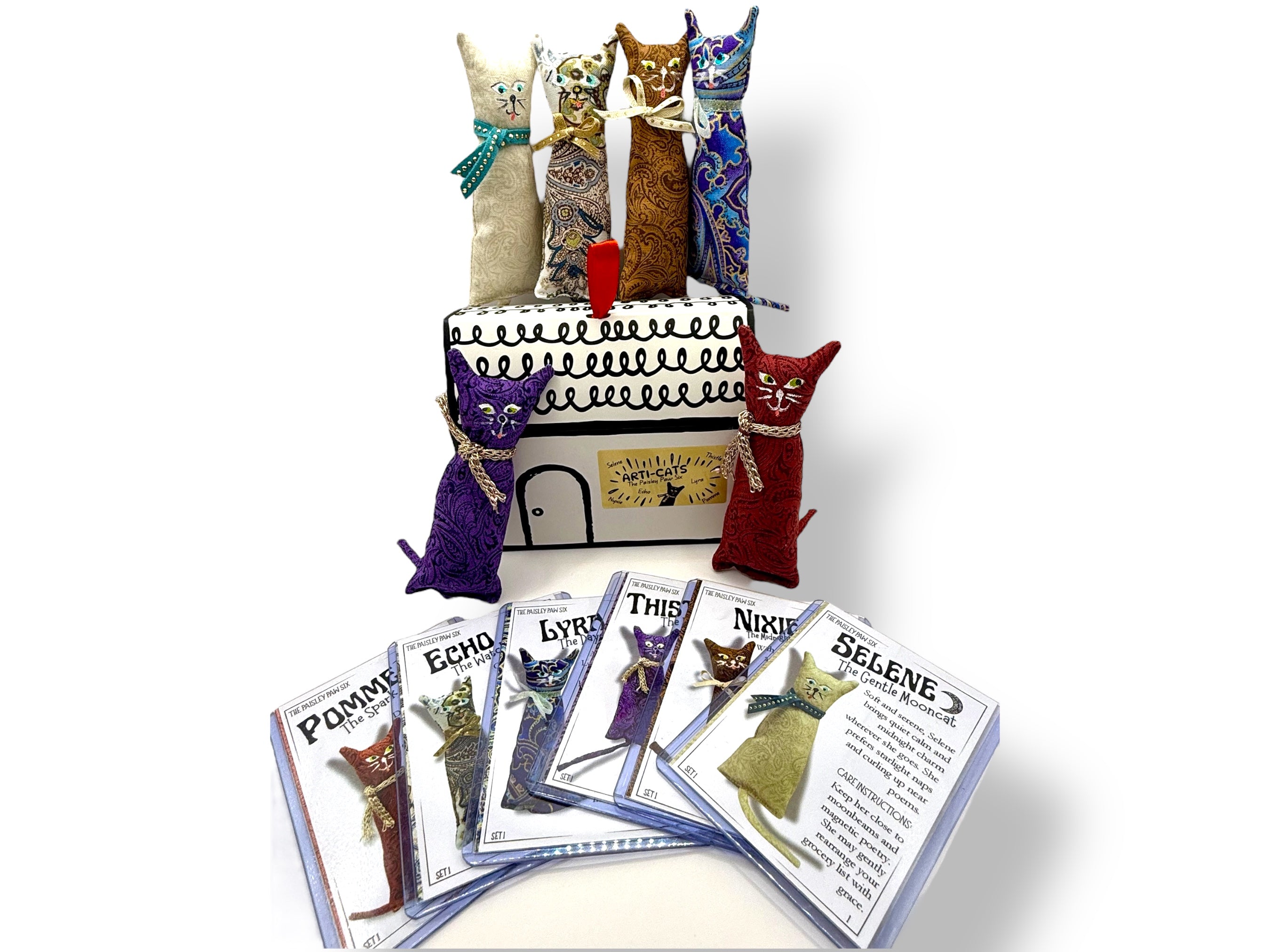 Handmade Cat Magnet Set – Plush Arti-Cats with Collector Cards – Fridge Magnets Gift for Cat Lovers – Greek Mythology Artemis Decor