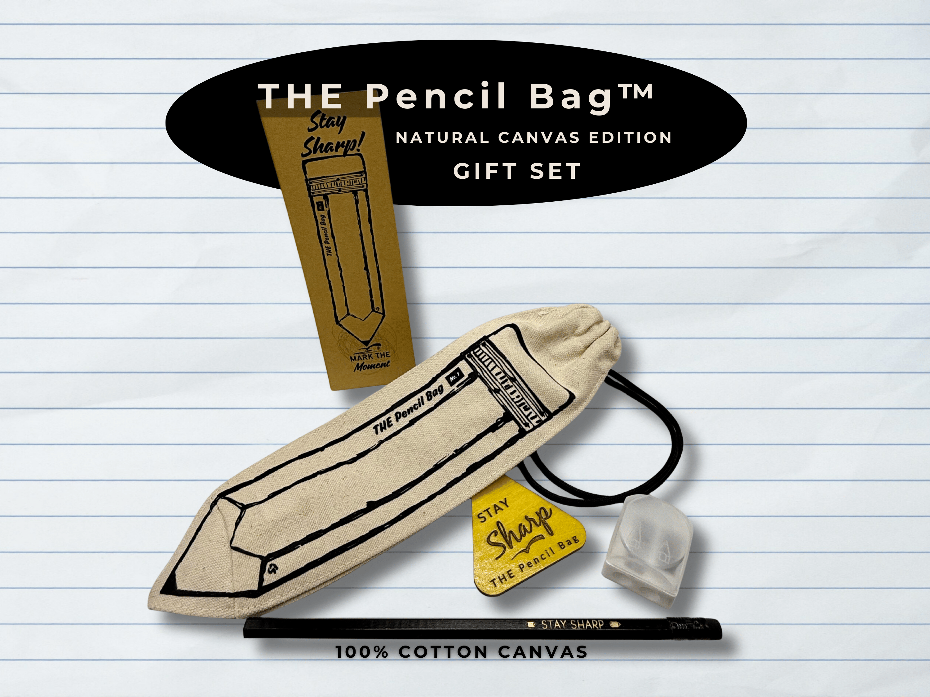 Pencil bag gift set with packaging on a lined paper background
