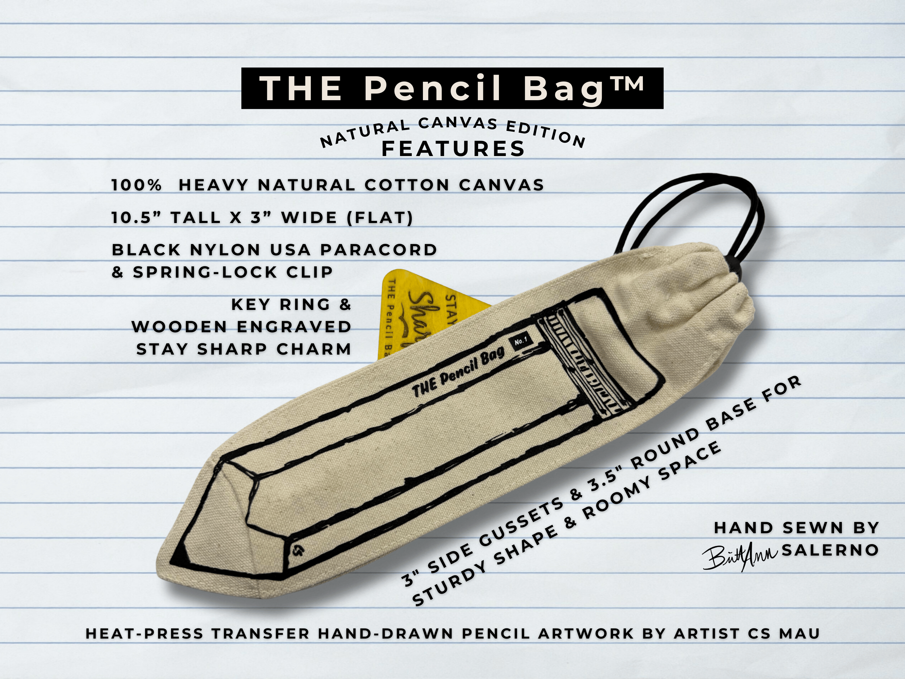 Pencil bag with features listed on a lined paper background