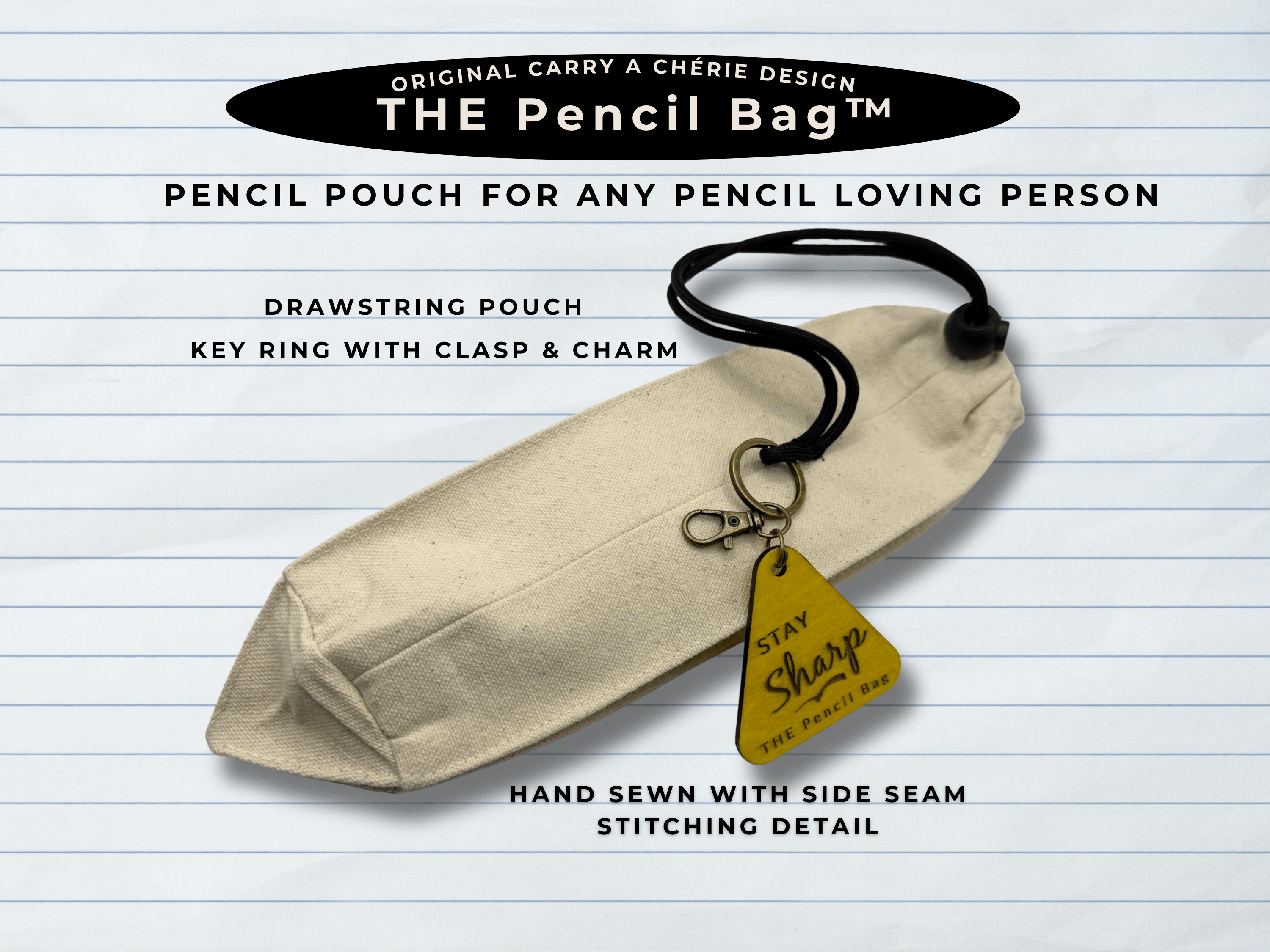 Pencil pouch with key ring on a lined paper background