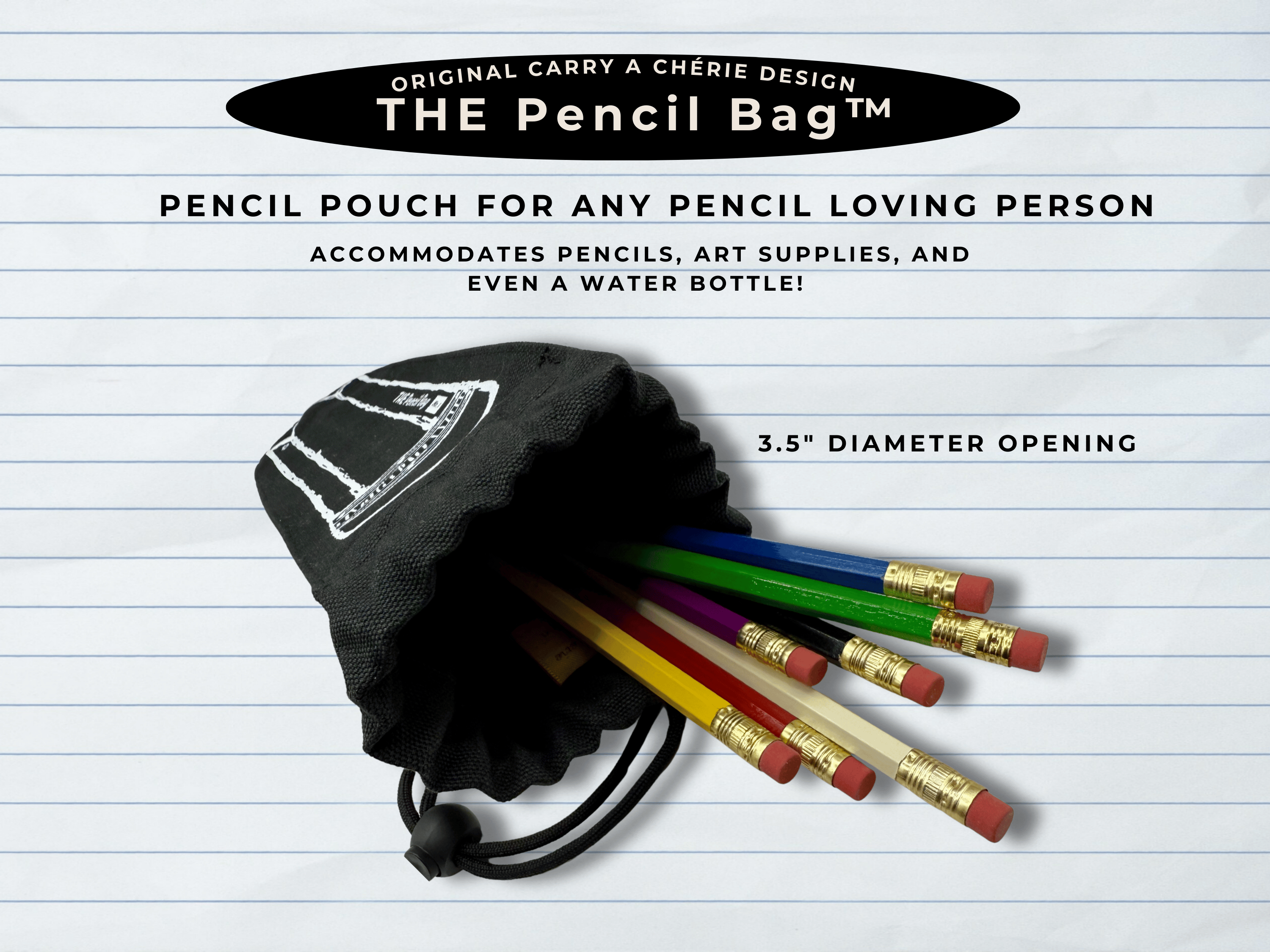 Black pencil pouch with colorful pencils on a lined paper background