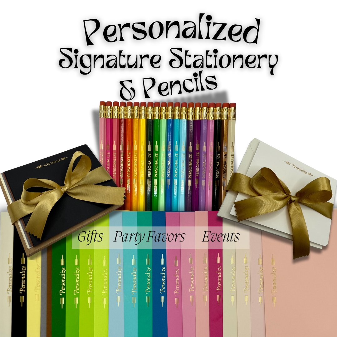 Custom Foil Monogrammed Greeting Card and Pencils, Vintage Hand Upset Personalized Stationery, Holiday Personalized Pencils and Stationery Gifts