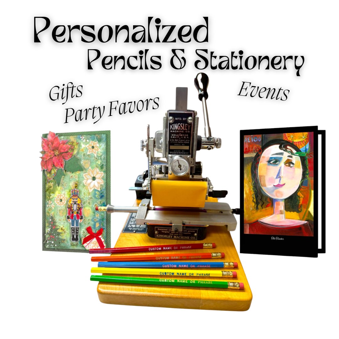 Custom Foil Monogrammed Greeting Card and Pencils, Vintage Hand Upset Personalized Stationery, Holiday Personalized Pencils and Stationery Gifts