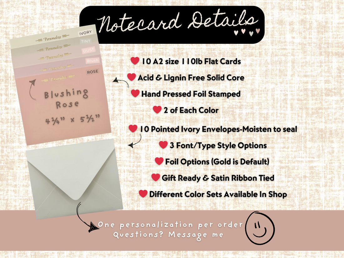 Rose pink A2 notecards – Blushing Rose personalized foil-stamped flat cards 10-piece set in assorted rose tones, acid and linen-free with foil stamping details