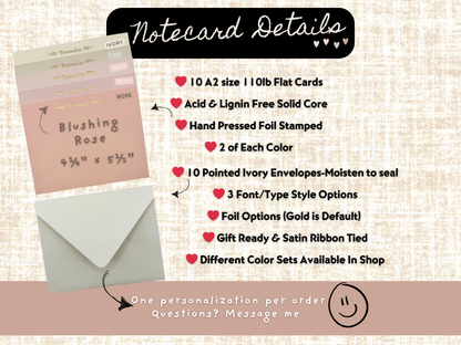 Rose pink A2 notecards – Blushing Rose personalized foil-stamped flat cards 10-piece set in assorted rose tones, acid and linen-free with foil stamping details
