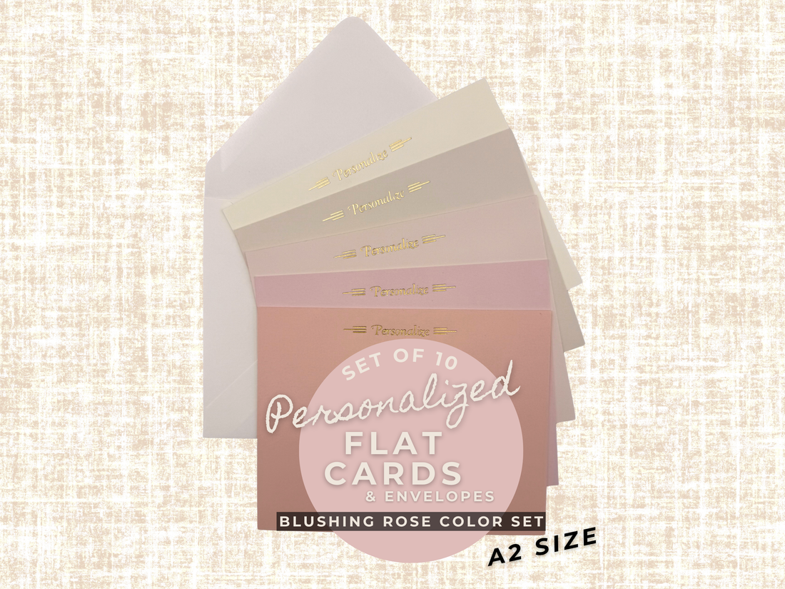 Blushing Rose personalized flat notecards and envelopes – A2 stationery set in rose pinks with foil stamping