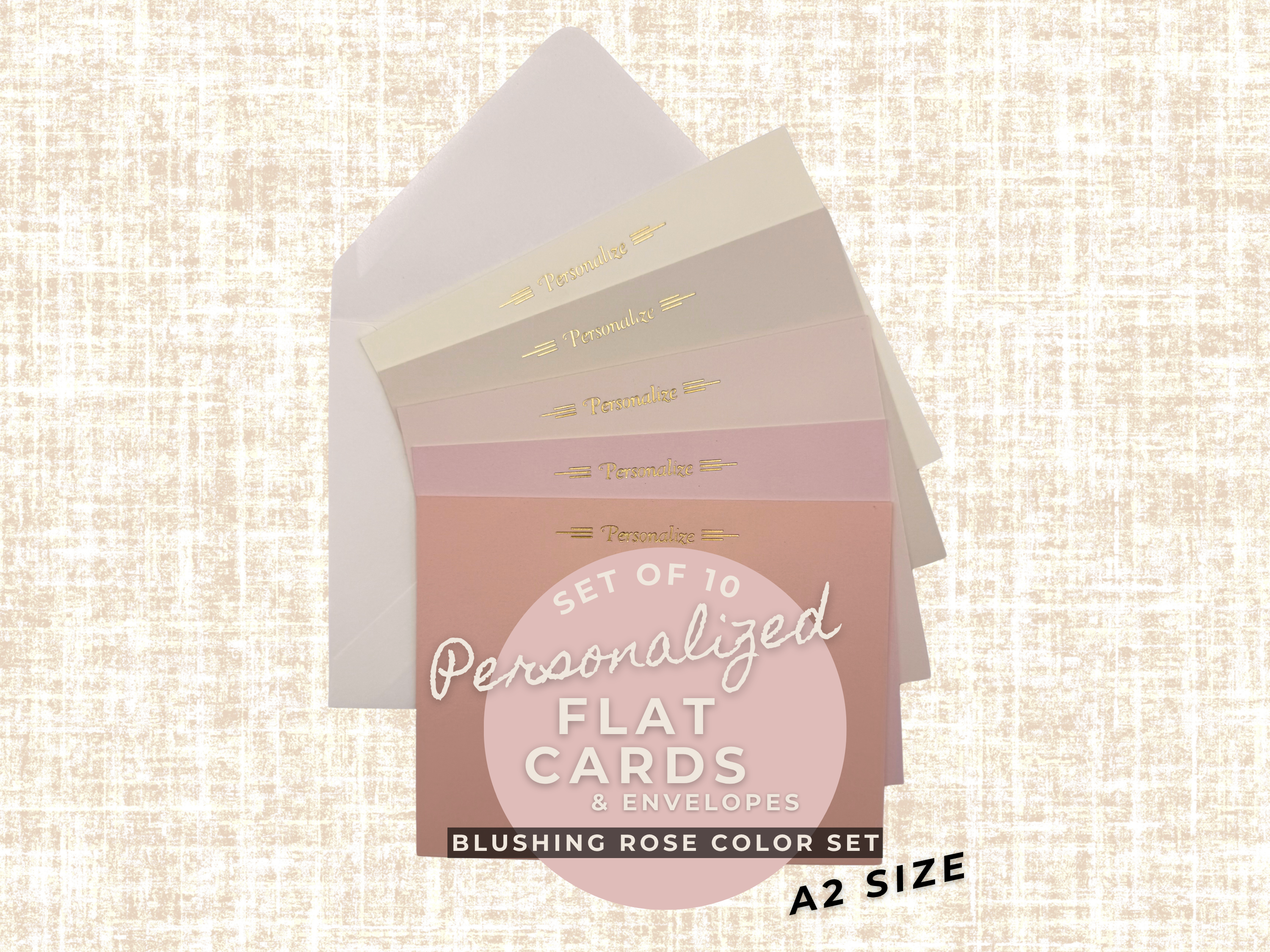 Blushing Rose personalized flat notecards and envelopes – A2 stationery set in rose pinks with foil stamping