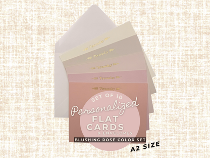 Blushing Rose personalized flat notecards and envelopes – A2 stationery set in rose pinks with foil stamping