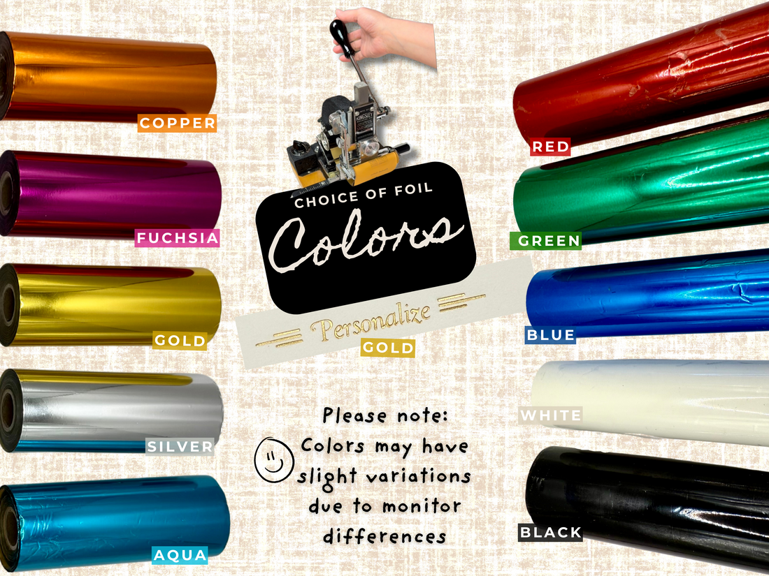 Foil color chart – 10 foil options for personalized stationery sets from StoryGiftStudio