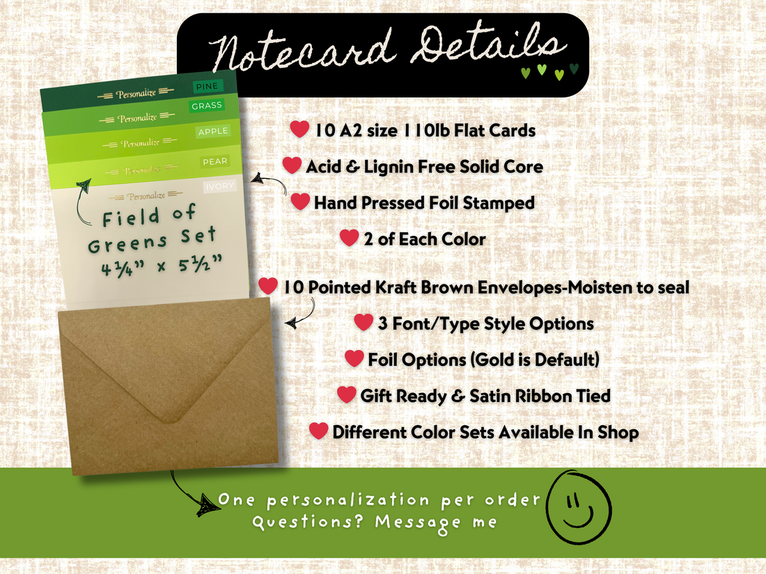 Green A2 notecards – 10-piece personalized set in assorted green tones, acid and linen-free with foil stamping details