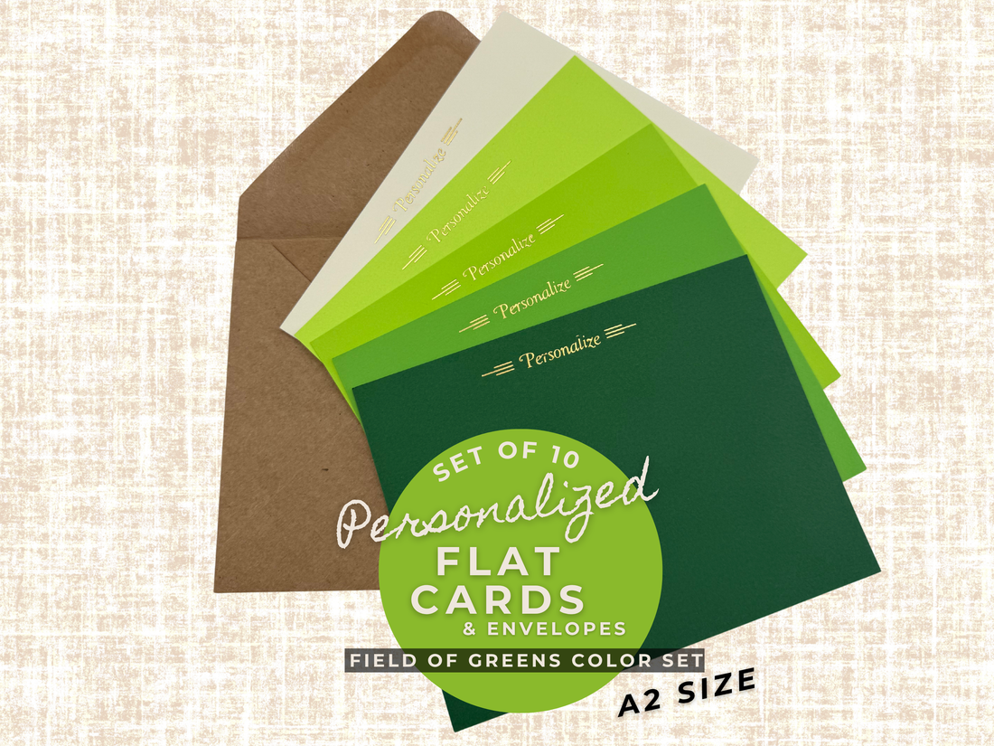 Field of Greens personalized flat notecards and envelopes – 10-piece A2 stationery set in green shades with foil stamping