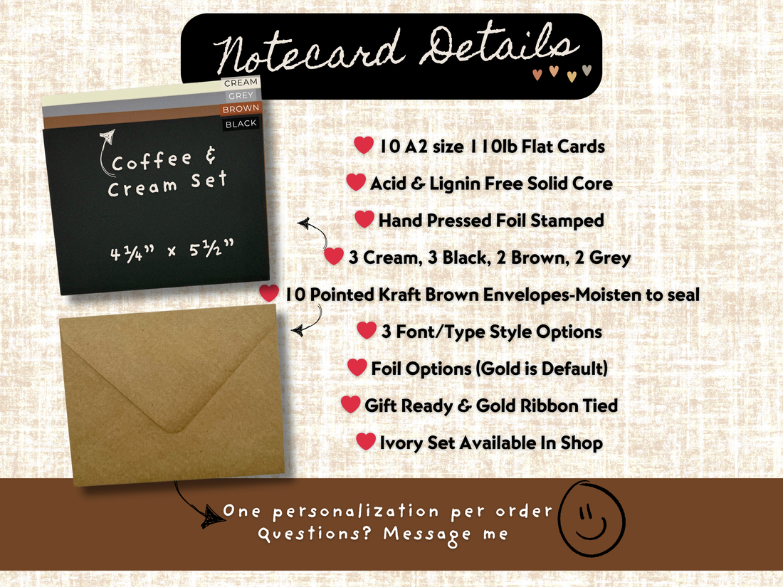 Coffee &amp; Cream – Personalized A2 Notecard Set (10 Flat Cards with Envelopes) | Custom Foil Stationery by StoryGiftStudio
