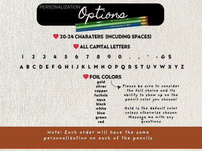 Custom Foil Stamped Pencils – Set of 5 Personalized Gift Pencils | Custom Name or Quote | Hand Pressed USA Made Pencils