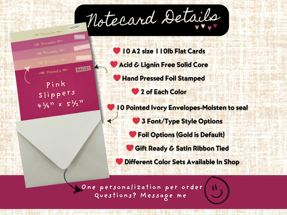 Ballerina pink A2 notecards – Pink Slippers A2 flat card 10-piece personalized set in assorted pink tones, acid and linen-free with foil stamping details and envelopes
