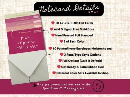 Ballerina pink A2 notecards – Pink Slippers A2 flat card 10-piece personalized set in assorted pink tones, acid and linen-free with foil stamping details and envelopes