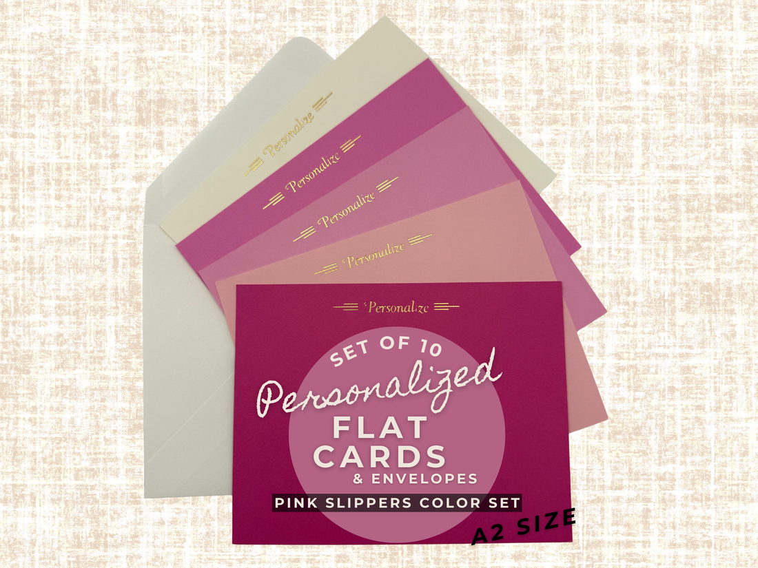 Pink Slippers personalized flat notecards and envelopes – 10-piece A2 stationery set in ballerina pink shades with foil stamping