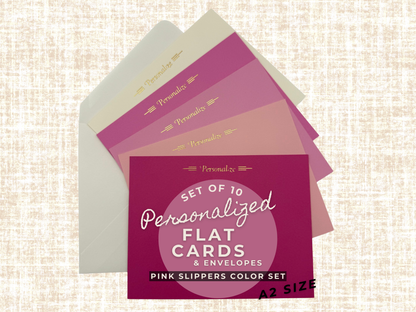Pink Slippers personalized flat notecards and envelopes – 10-piece A2 stationery set in ballerina pink shades with foil stamping