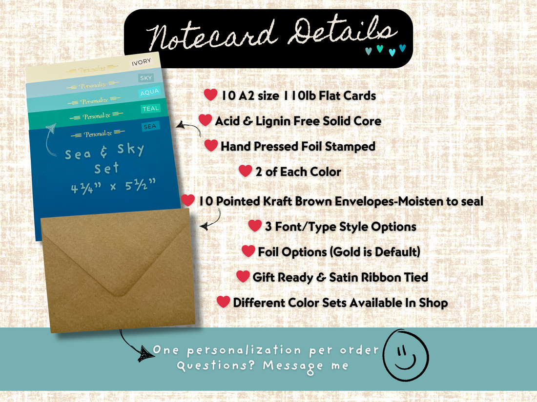 Blue A2 notecards – Sea and Sky 10-piece stationery set personalized  in assorted blue tones, acid and linen-free with foil stamping details