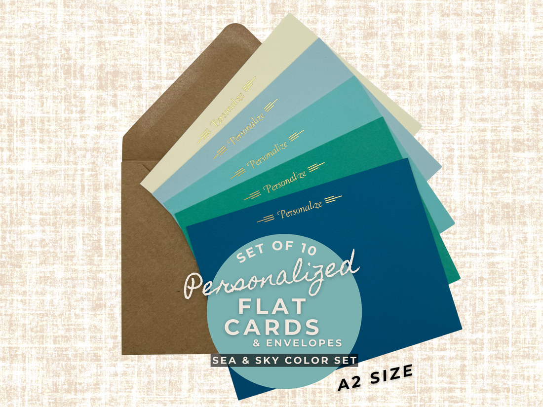 Sea and Sky personalized flat notecards and envelopes – A2 stationery set in ocean blues with foil stamping
