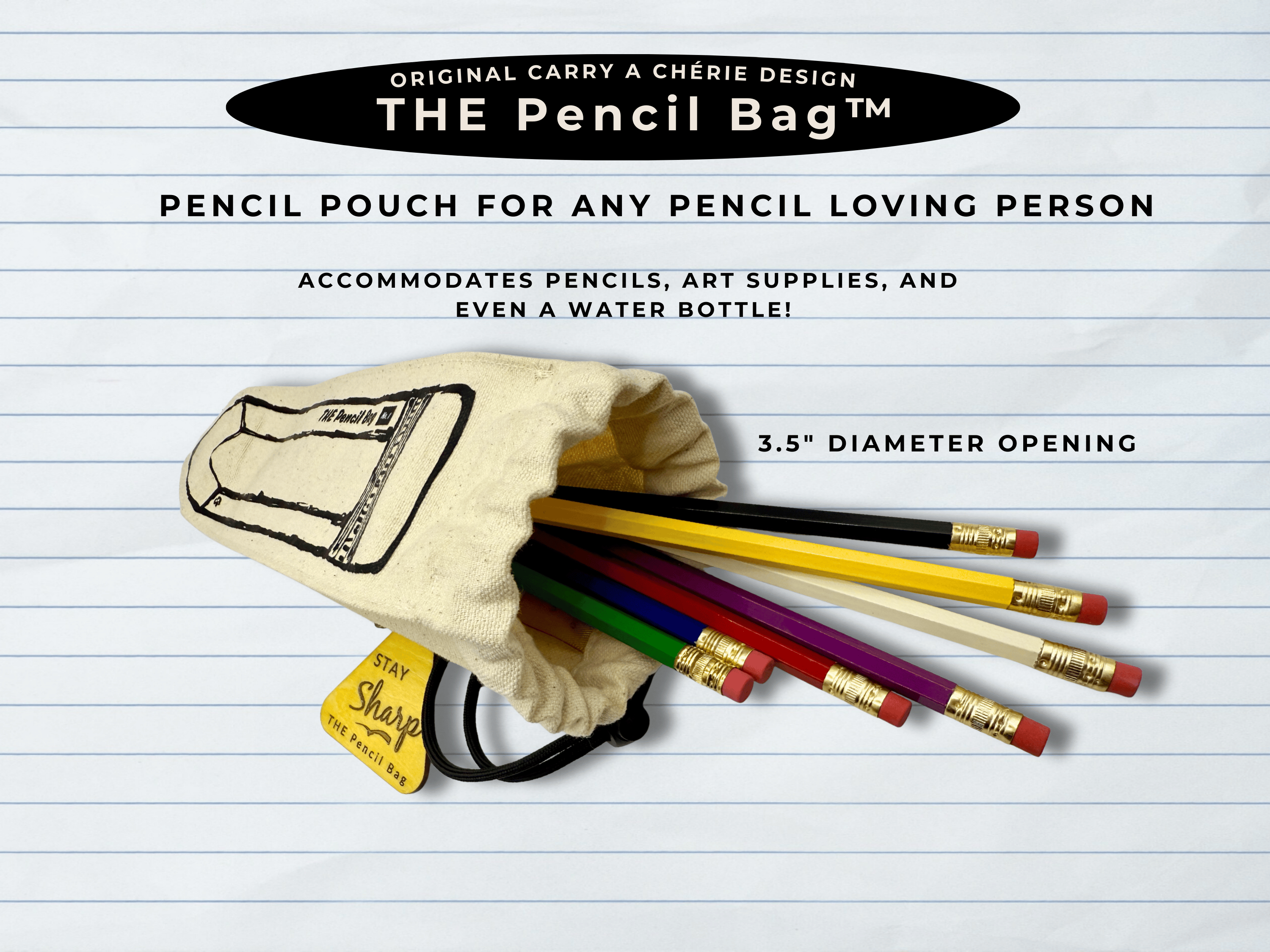 Pencil bag with pencils on a lined paper background