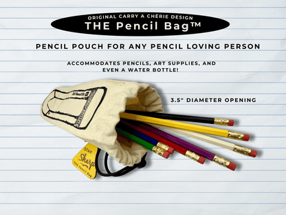 Pencil bag with pencils on a lined paper background