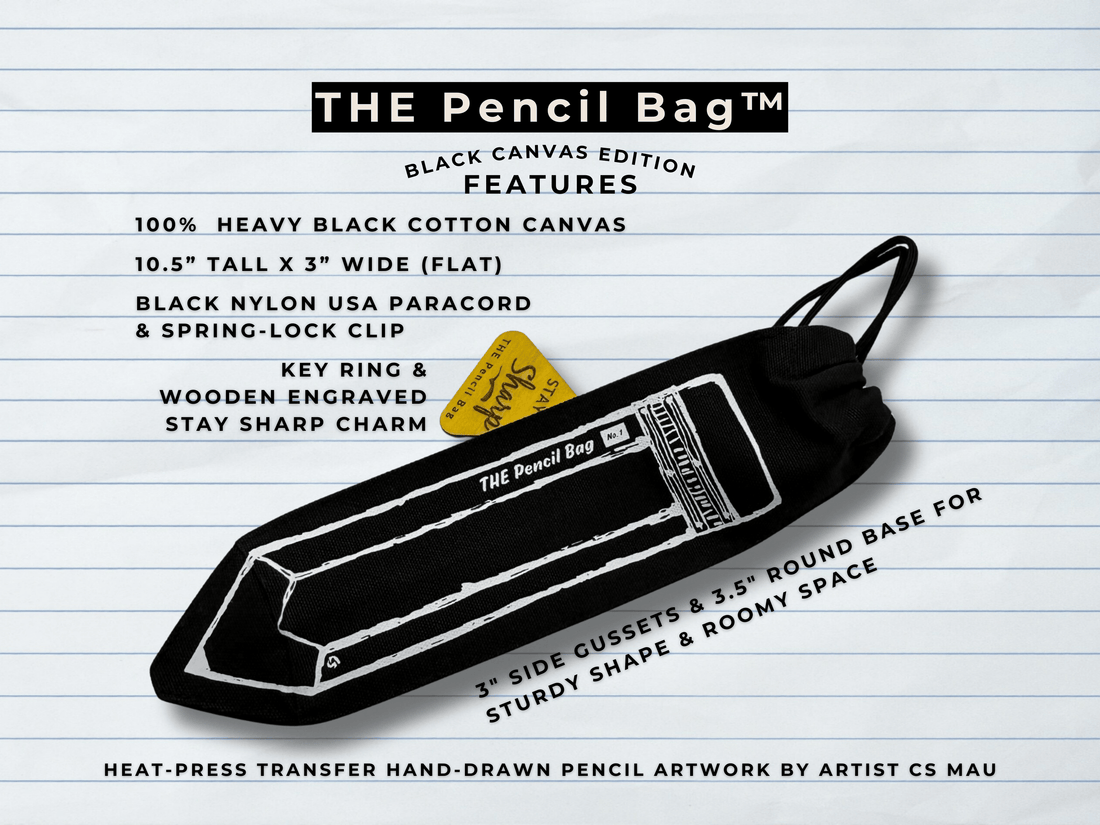 Black canvas pencil bag with features listed on a lined notebook paper background
