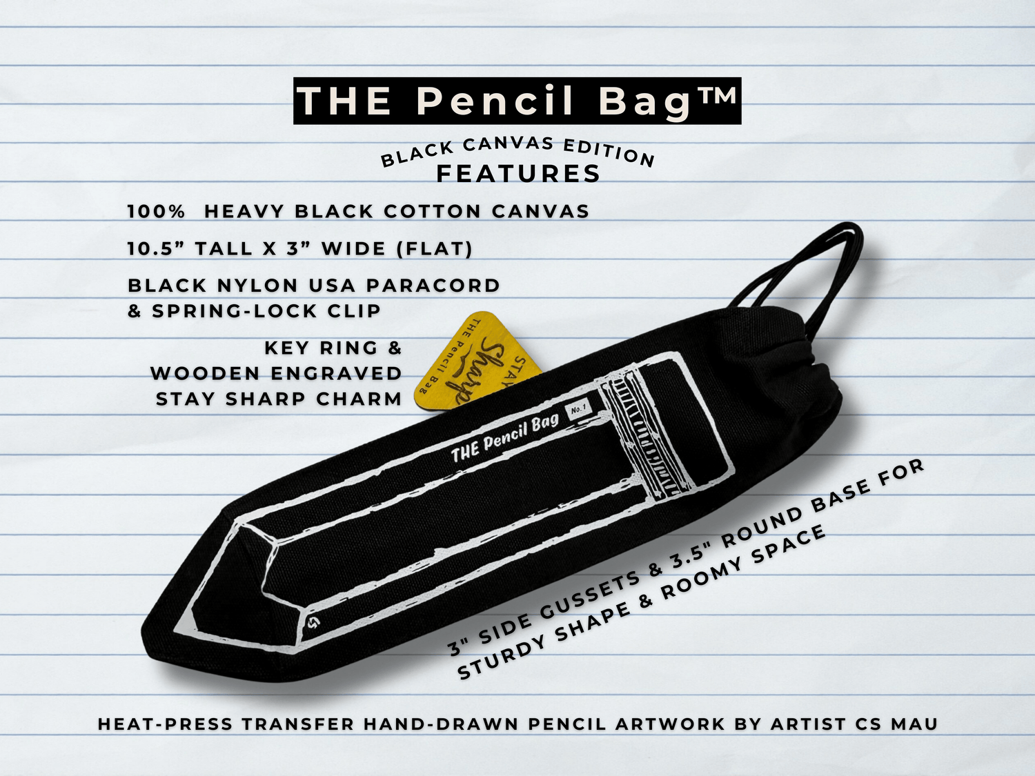 Black canvas pencil bag with features listed on a lined notebook paper background