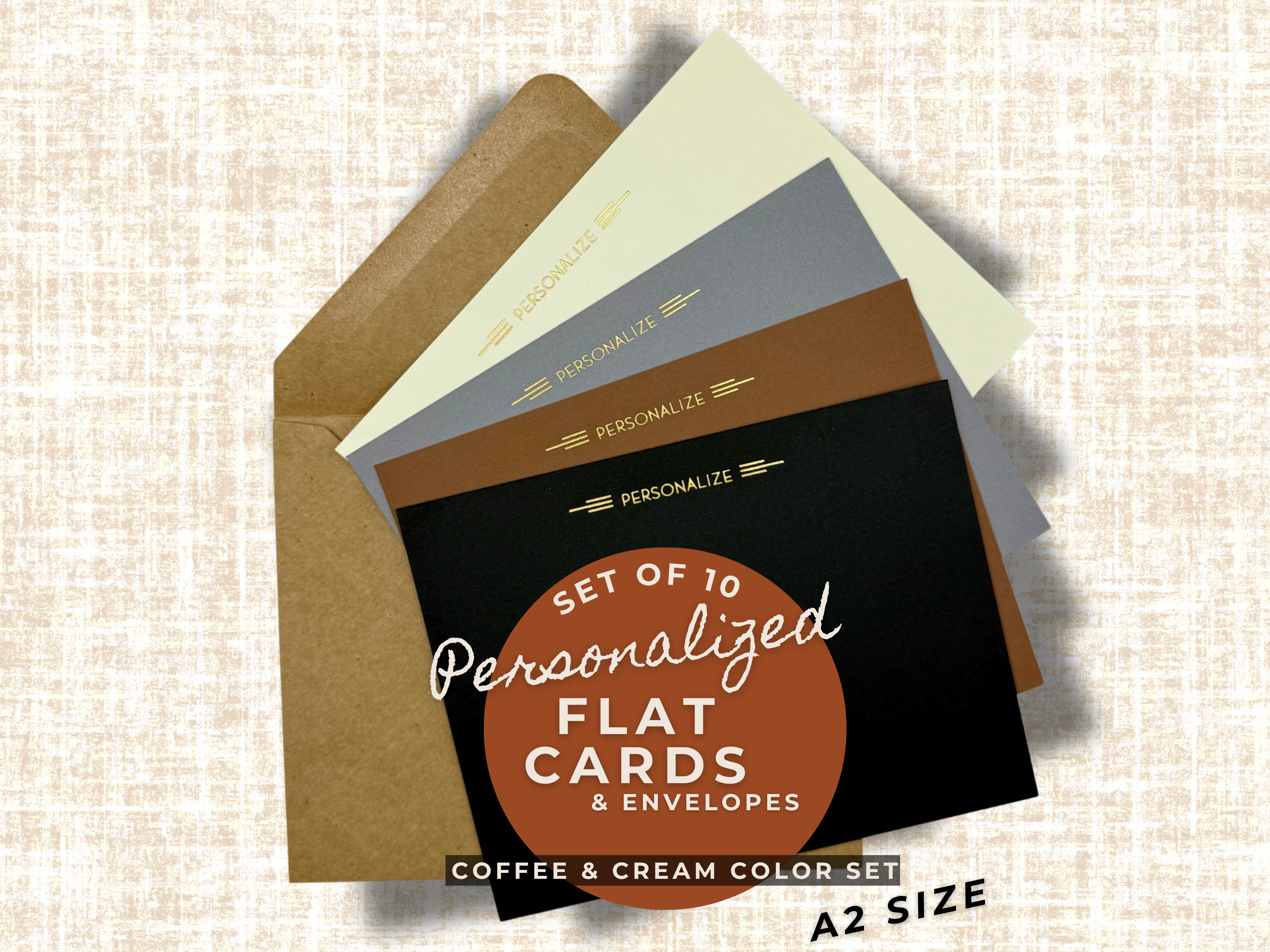 Coffee &amp; Cream – Personalized A2 Notecard Set (10 Flat Cards with Envelopes) | Custom Foil Stationery by StoryGiftStudio